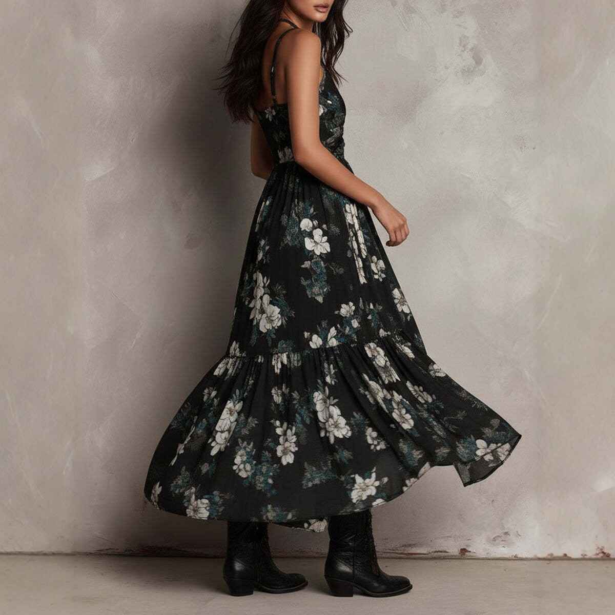 New style printed camisole dress for women, V-neck, waist cinched, high slit long skirt, fashionable vacation dress - MODALIFE