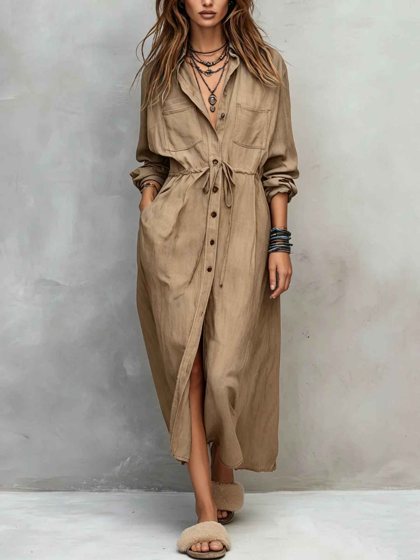Spring and Autumn Casual Drawstring Waist Shirt Dress Loose Style for Women - MODALIFE