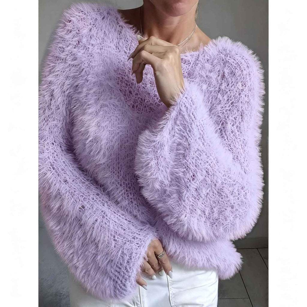 Women's macaron round neck fluffy solid color long sleeved fur top - MODALIFE