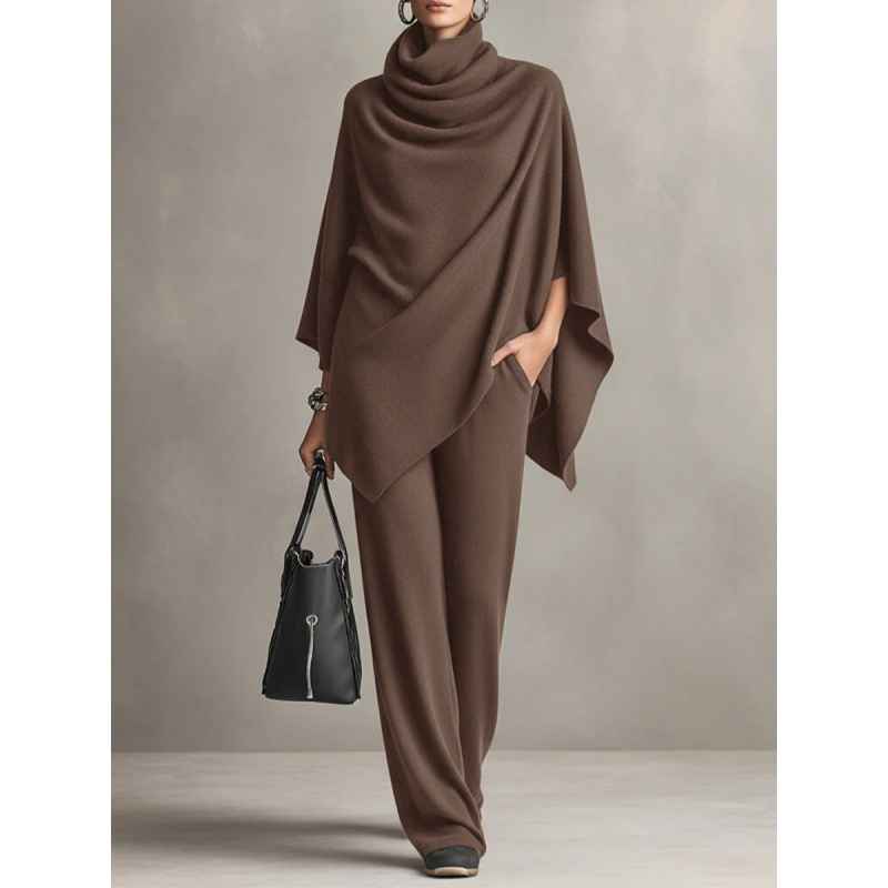 Autumn and Winter German Velvet Pile Collar Cloak Top+Wide Leg Pants Two Piece Set - MODALIFE