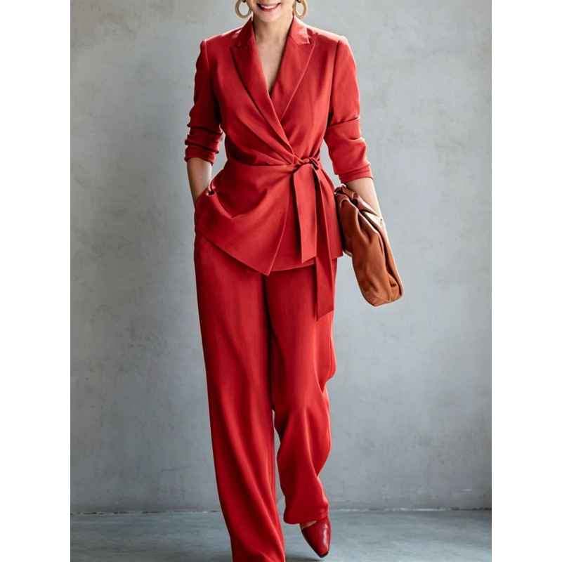 Women's casual solid color suit lace up top and pants two-piece set - MODALIFE