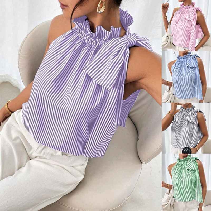 Fashionable Casual Sleeveless Striped Lace Trim High Neck Tie Knot T-Shirt Top - MODALIFE