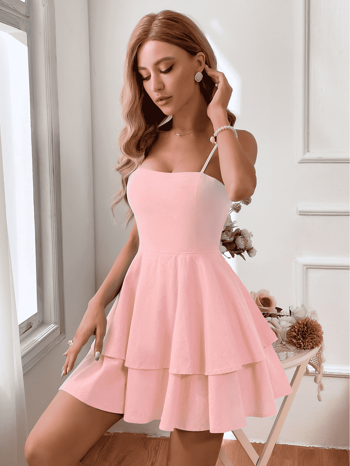 Summer pure cotton square neck suspender A-line short skirt sweet and fresh high waisted bow tie slim fit dress - MODALIFE