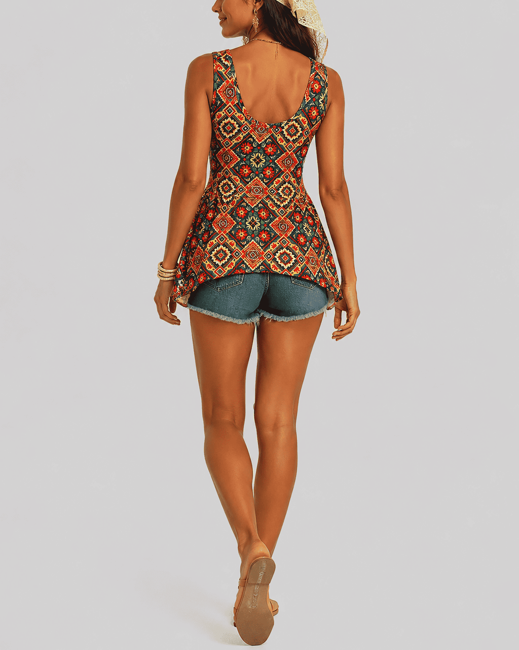 Women's Fashion Ethnic Style Printed Square Neck Lace Sleeveless Elastic Vest - MODALIFE