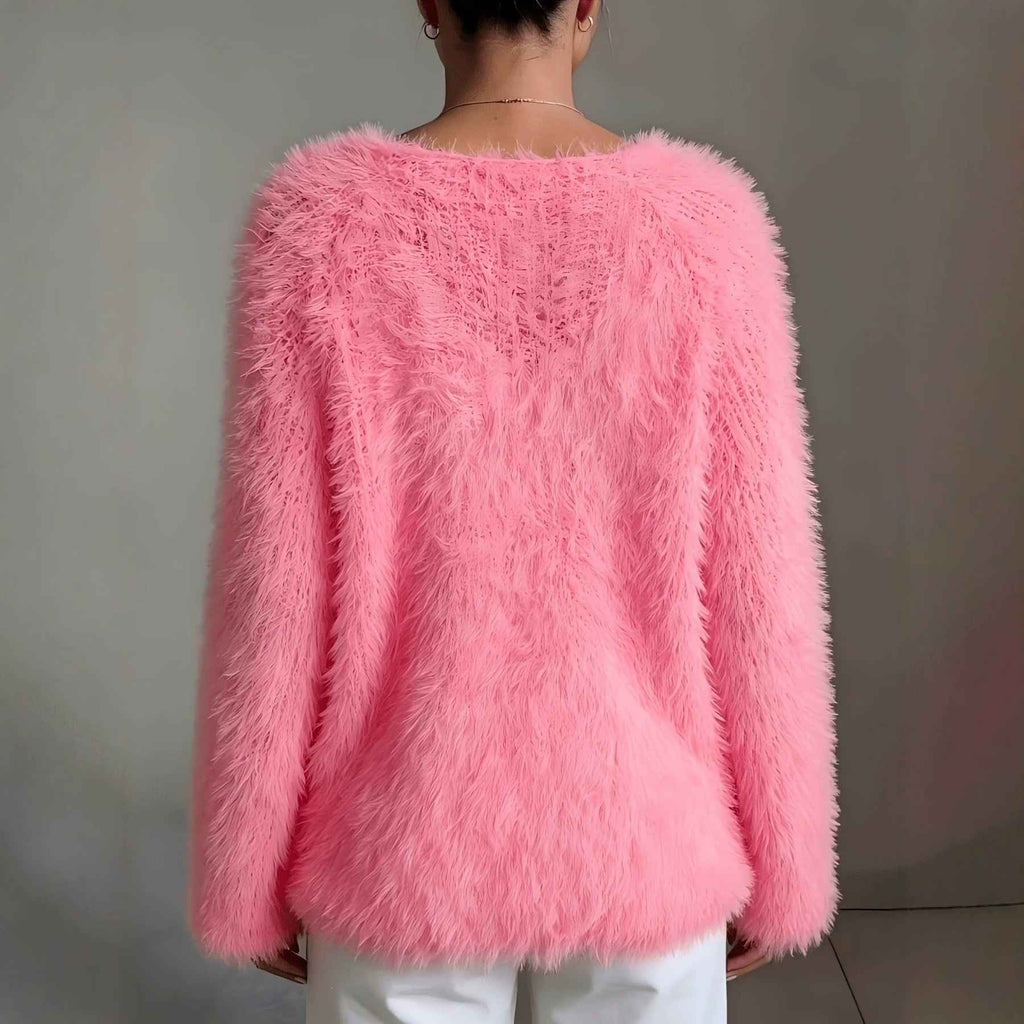 Women's macaron round neck fluffy solid color long sleeved fur top - MODALIFE