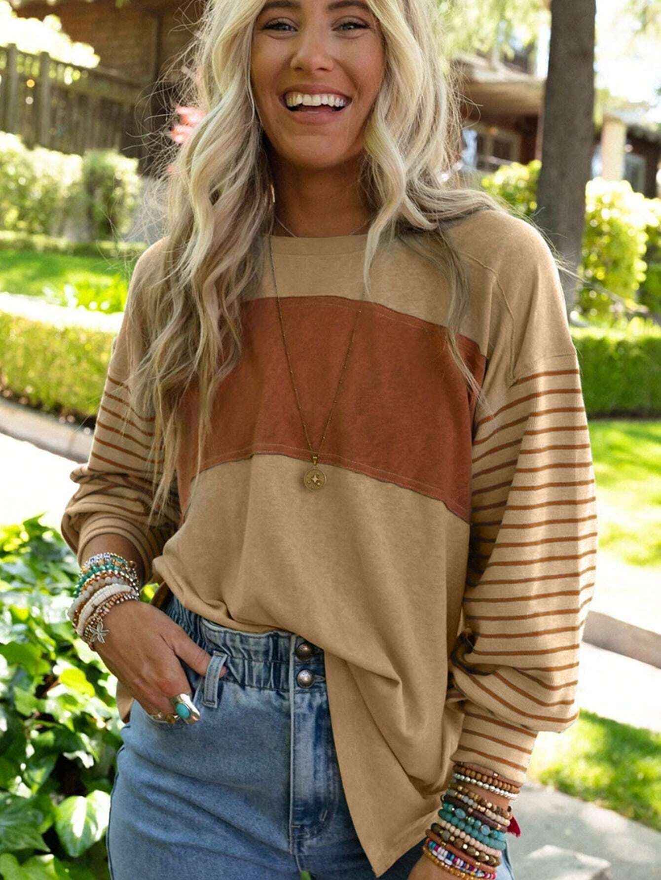 Women's casual color-blocked striped long sleeve round neck pullover t-shirt - MODALIFE