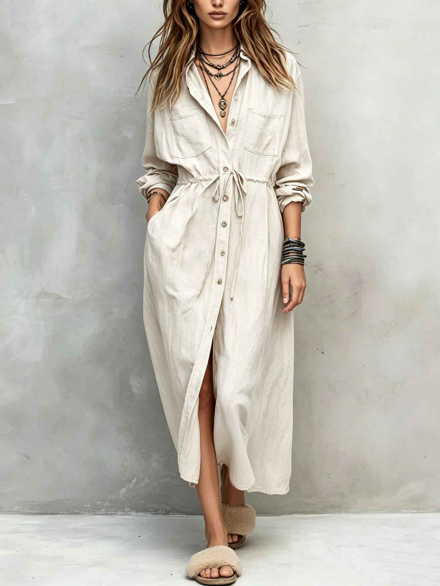 Spring and Autumn Casual Drawstring Waist Shirt Dress Loose Style for Women - MODALIFE