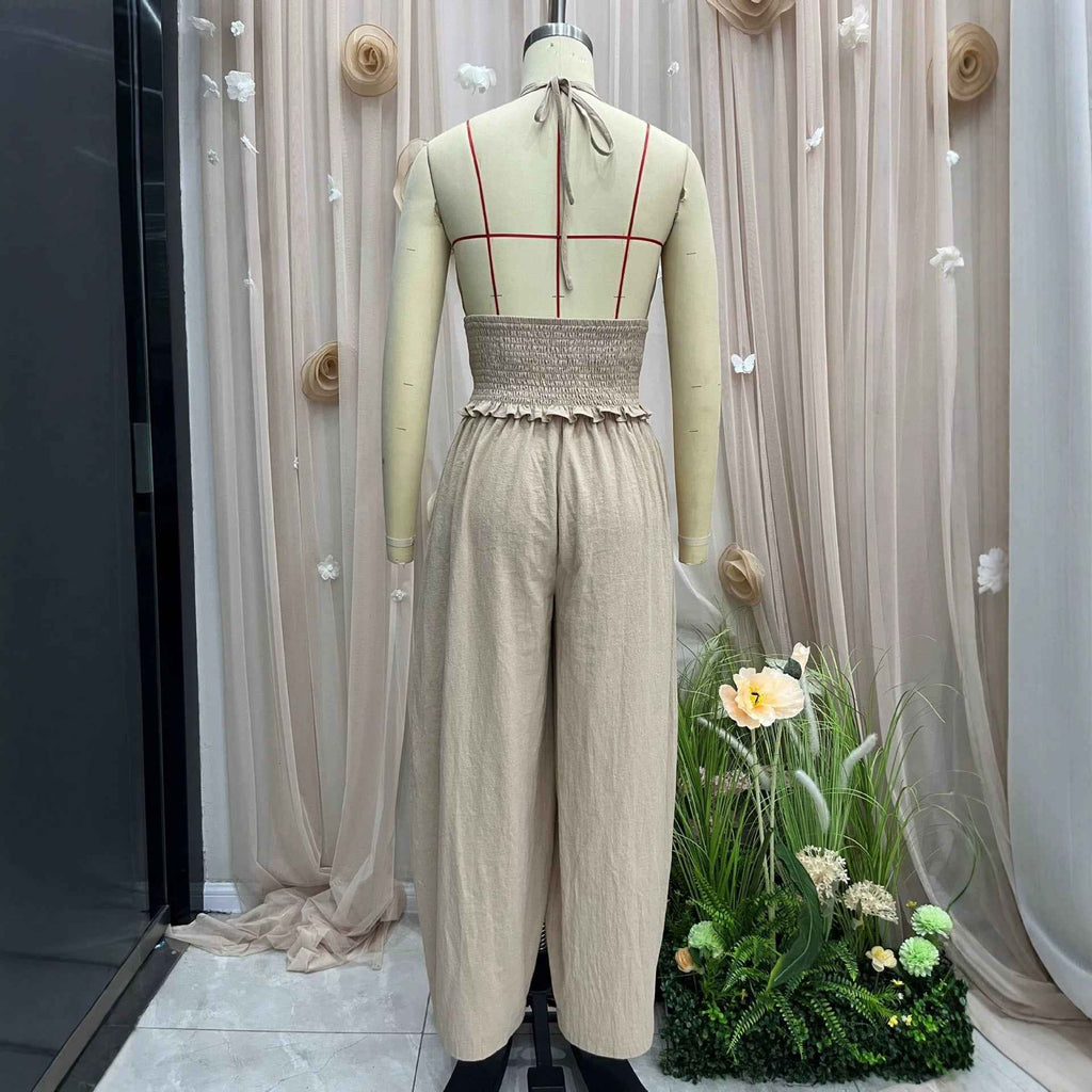 Hanging neck V-neck short top+loose lantern pants linen two-piece set for women - MODALIFE
