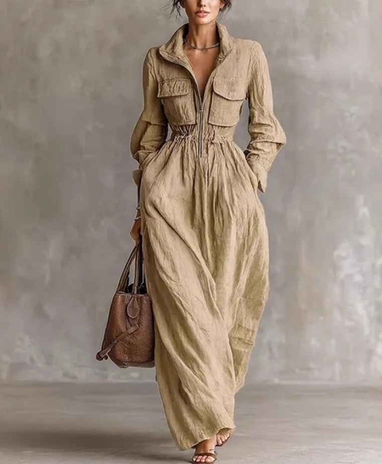Women's Zipper Collar Elastic Waist Long Dress - MODALIFE