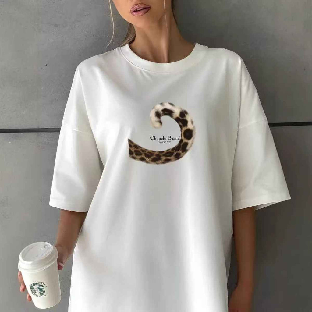 Leopard print tail printed short sleeved T-shirt for women