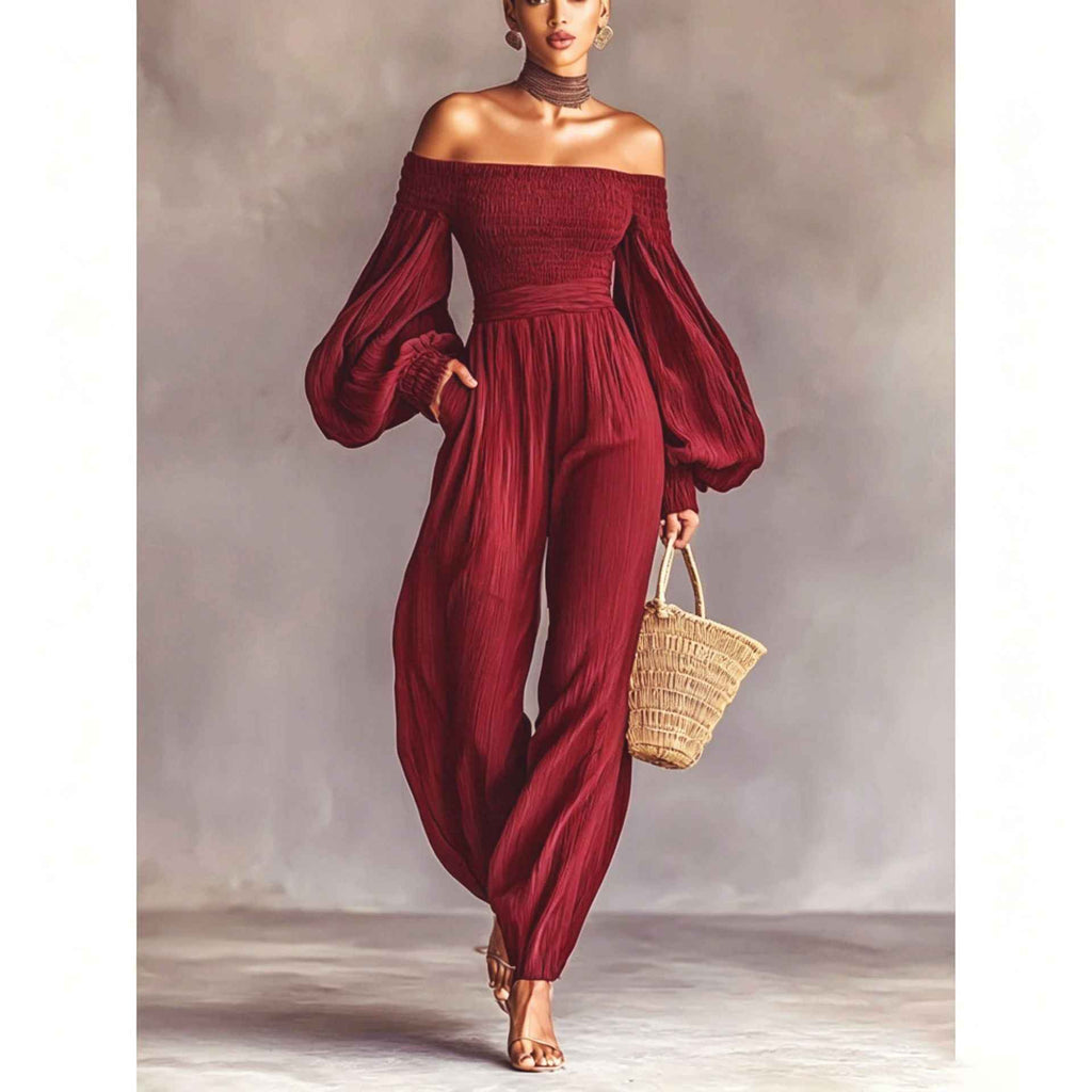 Style Off-Shoulder Lantern Sleeve Pleated Loose Jumpsuit for Women - MODALIFE