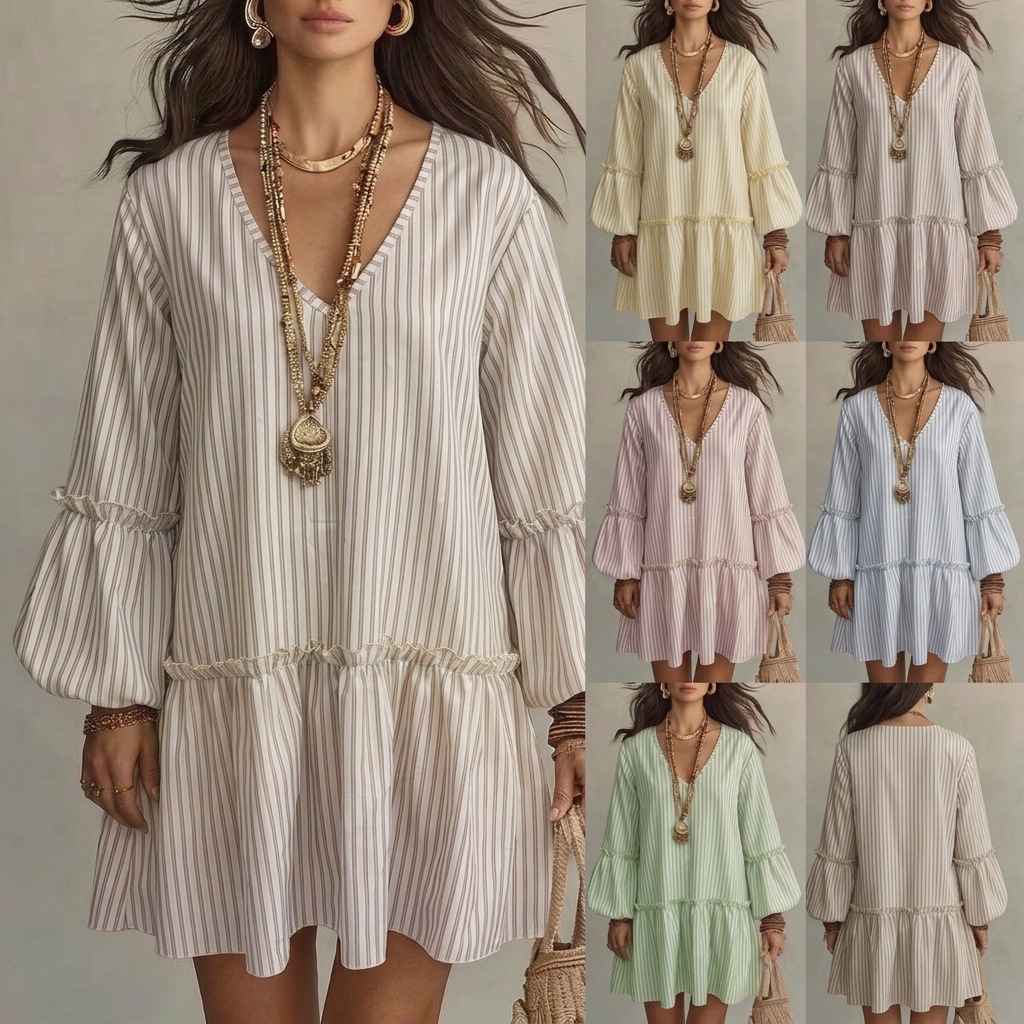 Style Autumn New Women's Long Sleeve Dress Stripe Print V-Neck Lantern Sleeve Loose Mini Dress - MODALIFE