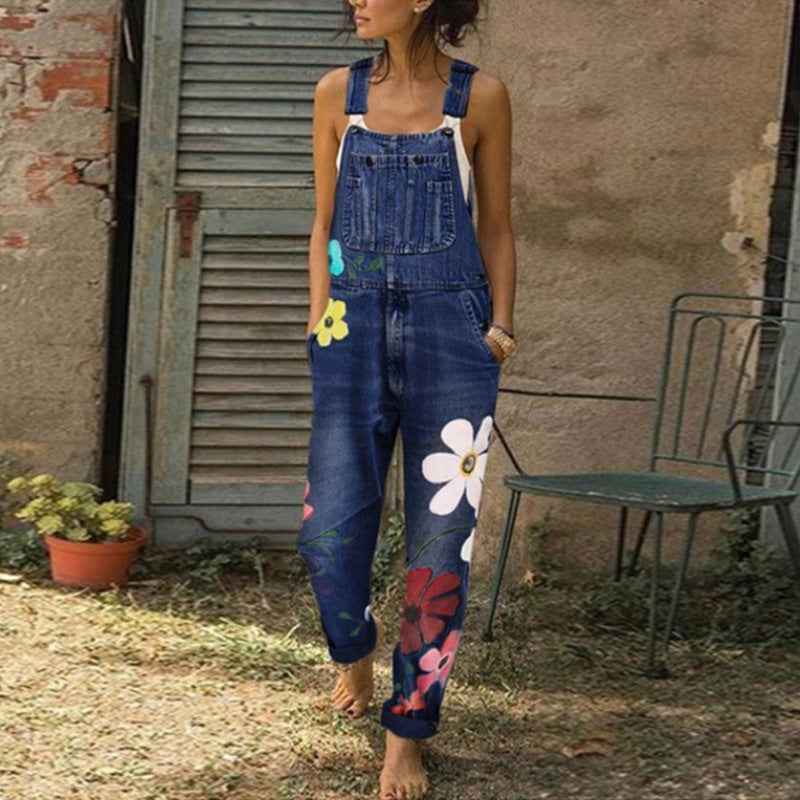 Summer Printed Overalls Denim Pants with Ripped Details, Loose Straight Leg Casual Stylish Versatile Long Pants for Women - MODALIFE