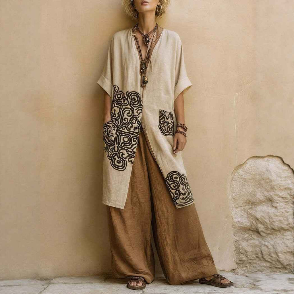 Loose Embroidered Long Robe Two-Piece Set for Women, Casual Wide-Leg Pants Outfit, Fashionable and Trendy