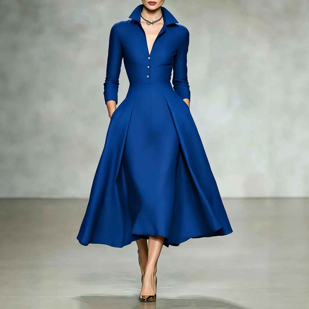 V-neck waist cinched long sleeved dress - MODALIFE