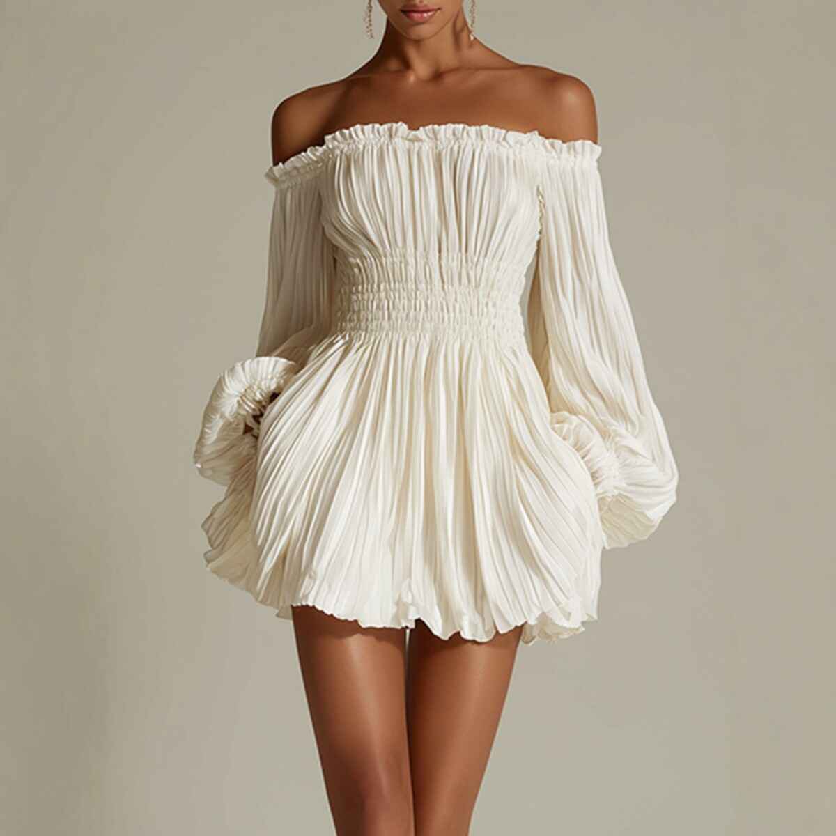 Elegant One-Shoulder Pleated Fitted Long Sleeve Dress for Women - MODALIFE