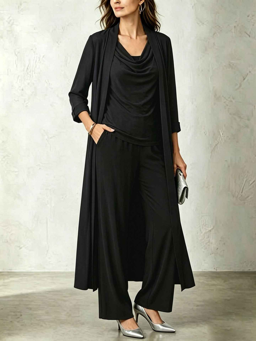 Long sleeved swing collar top long cardigan jacket long pants three piece set - MODALIFE