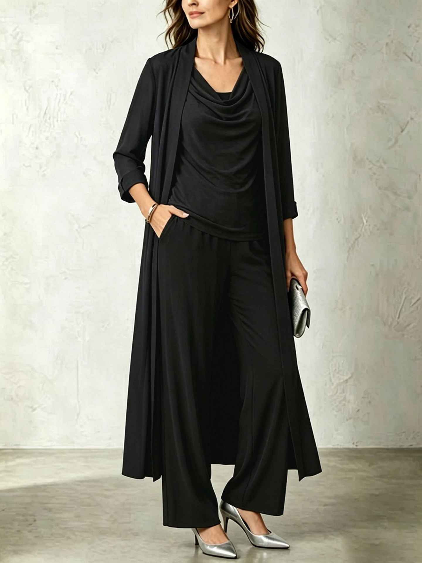 Long sleeved swing collar top long cardigan jacket long pants three piece set - MODALIFE