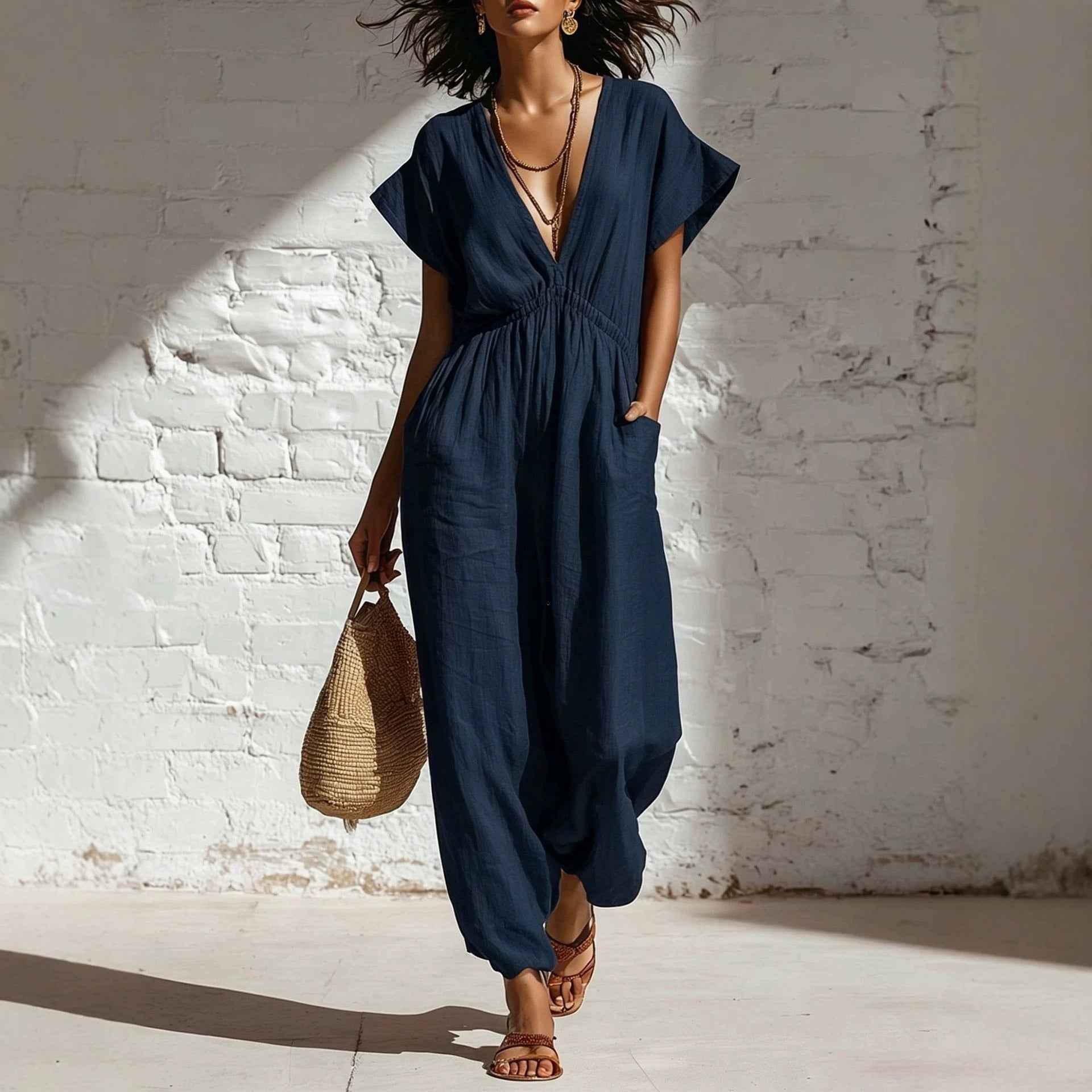 Deep V-neck loose fit pants for women
