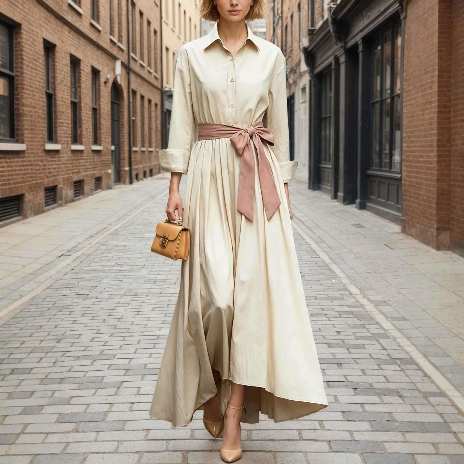 Long sleeved shirt collar solid color long skirt dress - MODALIFE