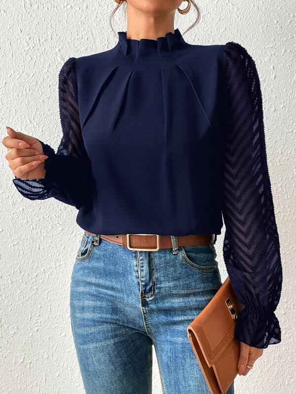 Autumn Winter New Women's High Neck Spliced Wave Pattern Chiffon Long Sleeve Top - MODALIFE