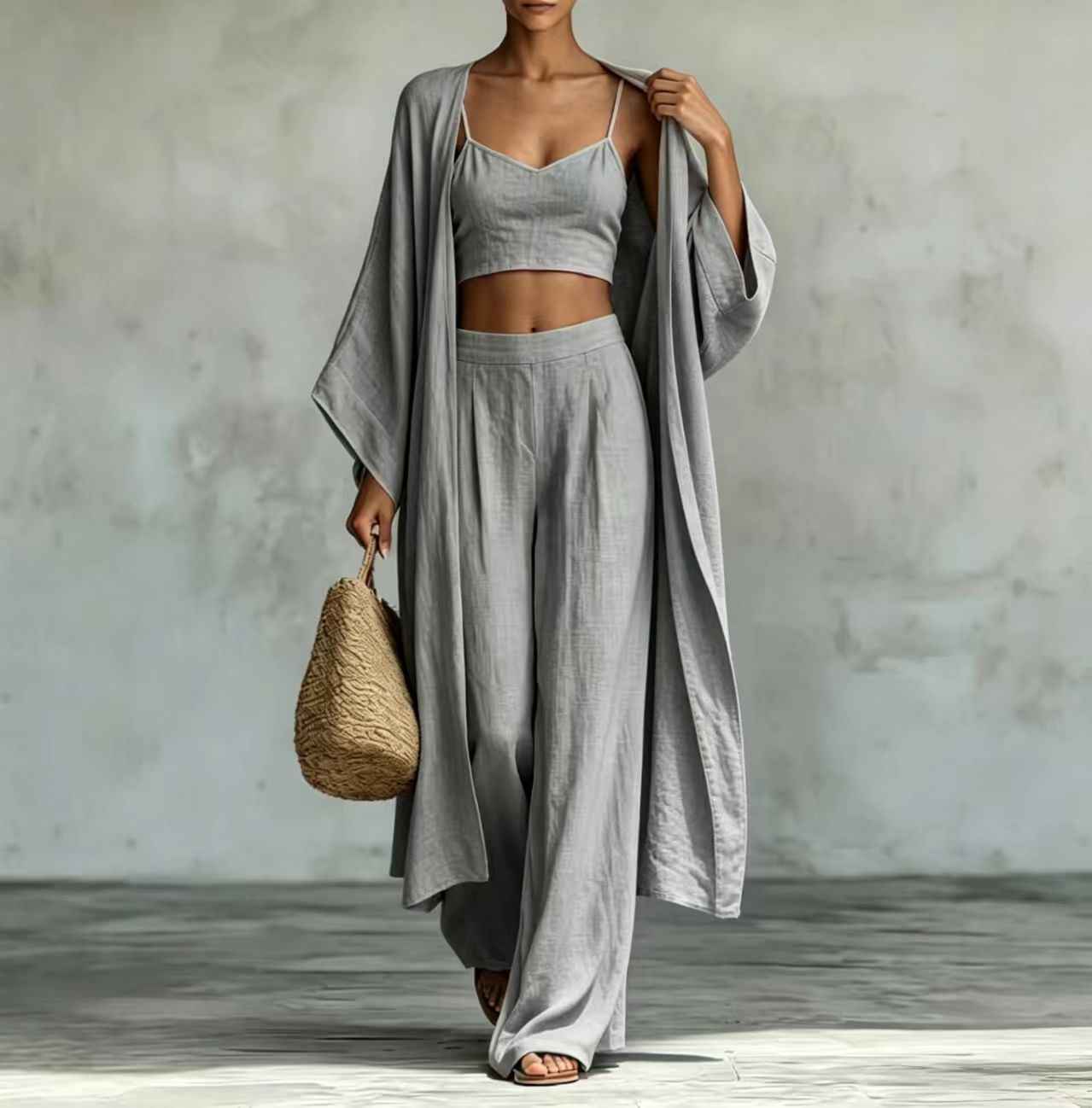 Loose cardigan short strap high waist wide leg pants set - MODALIFE