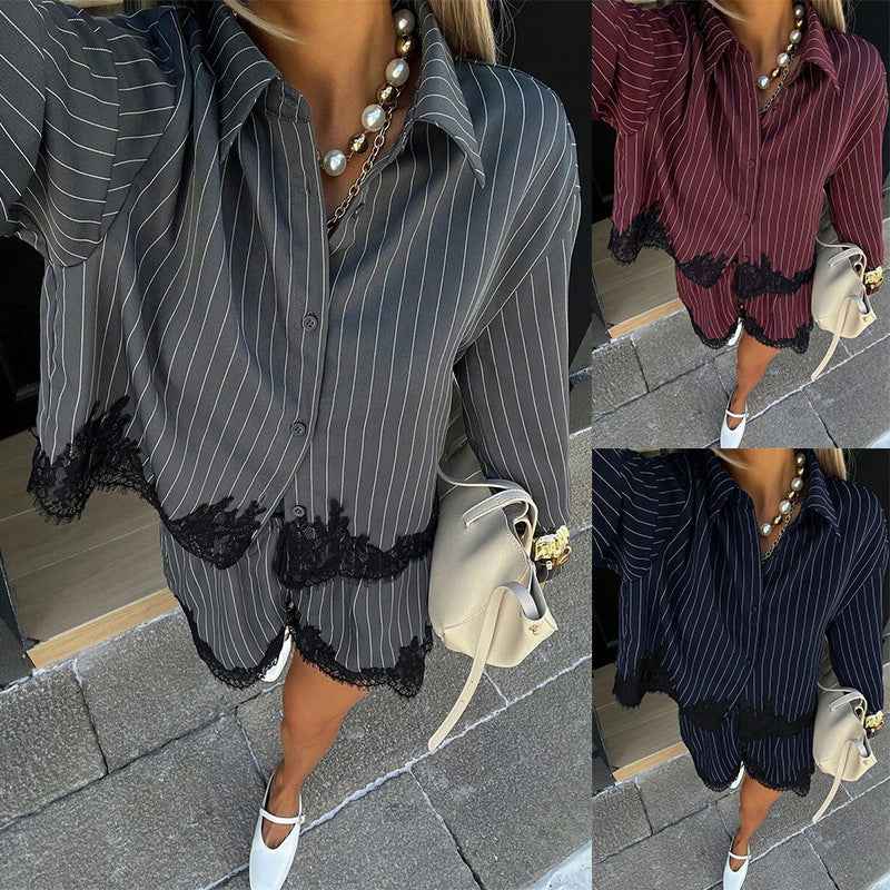 Women's striped shirt drawstring shorts set - MODALIFE