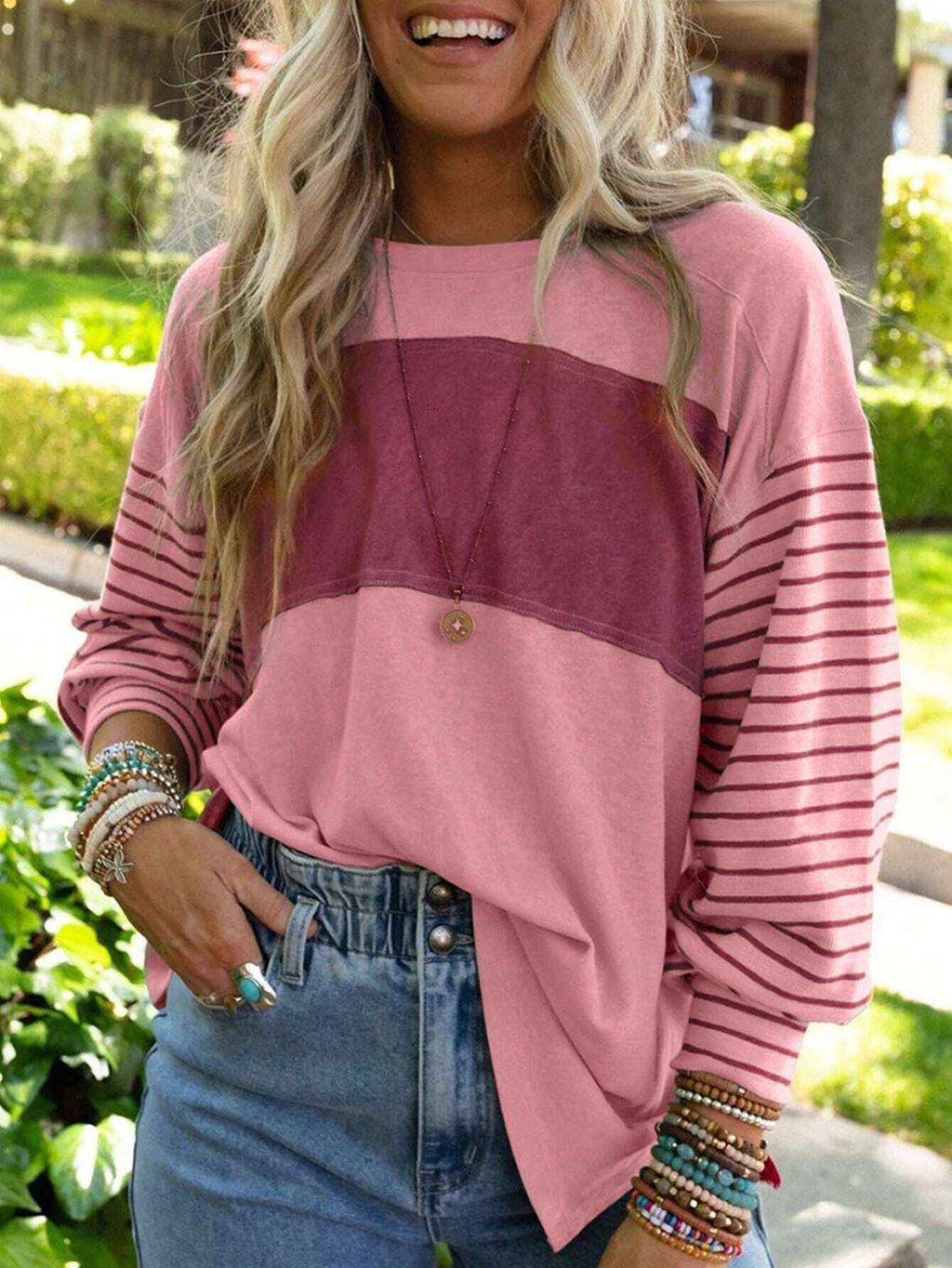 Women's casual color-blocked striped long sleeve round neck pullover t-shirt - MODALIFE