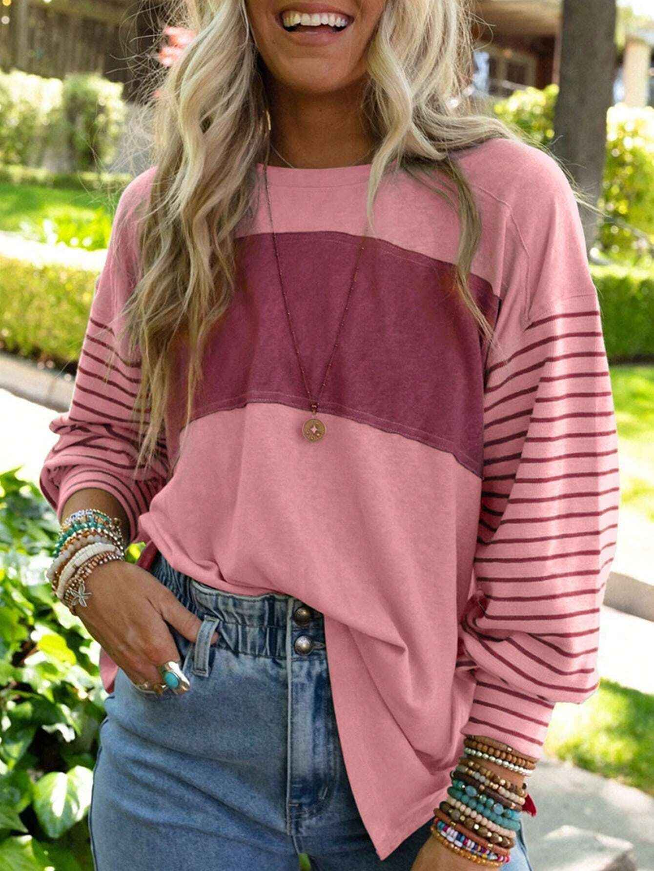 Women's casual color-blocked striped long sleeve round neck pullover t-shirt - MODALIFE