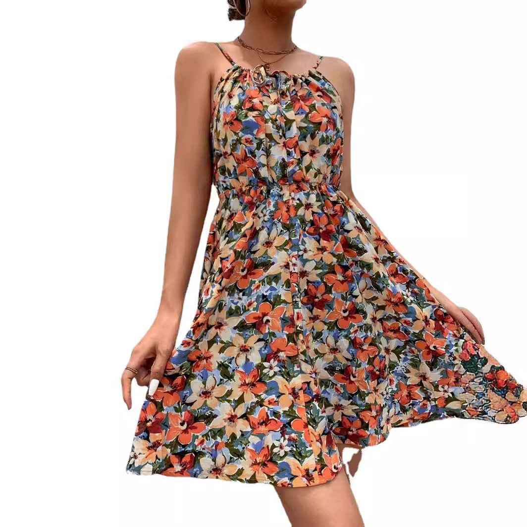 Elegant Sleeveless Printed Dress with Elastic Waist and Straps for Women - MODALIFE