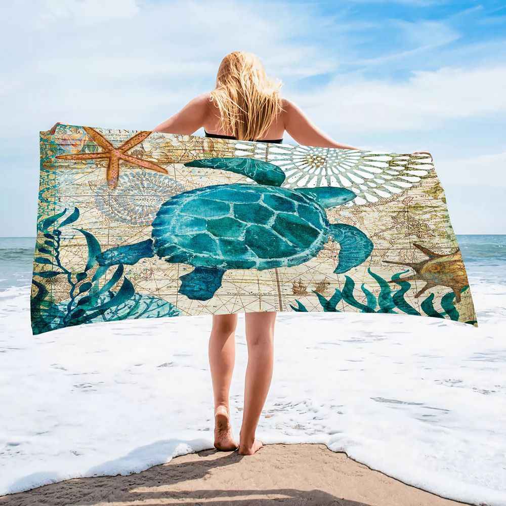 Ocean Turtle Pattern Beach Towel Ultra-Fine Fiber Quick-Dry Double-Sided Fleece Bath Towel Sand Blanket