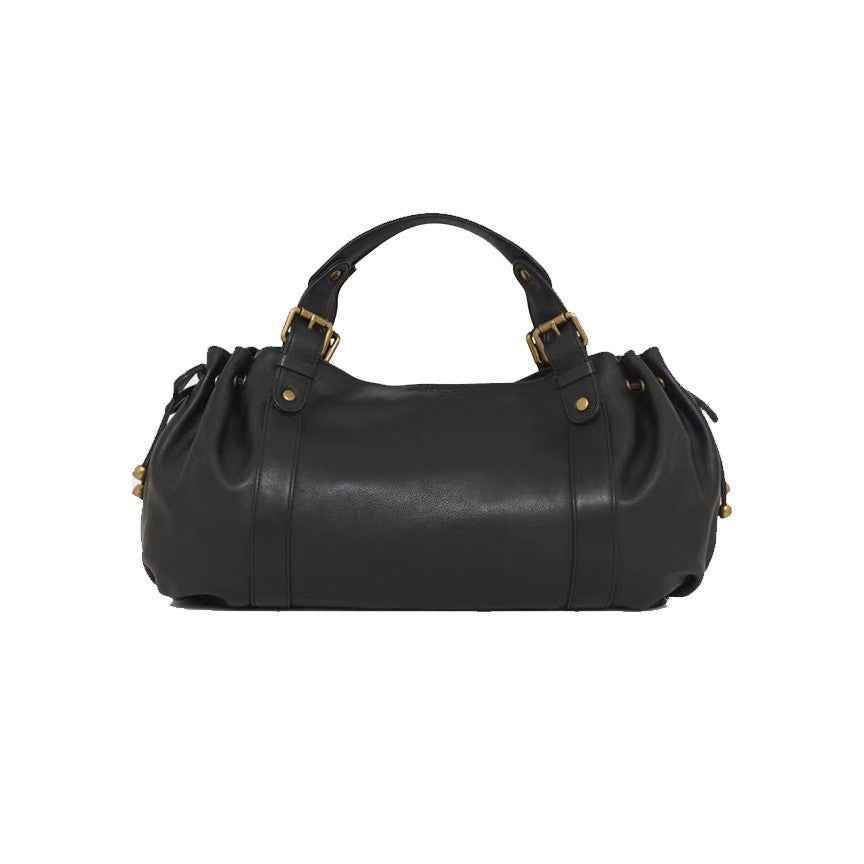 Black large capacity soft leather tote bag with pleated drawstring hand-held shoulder bag - MODALIFE