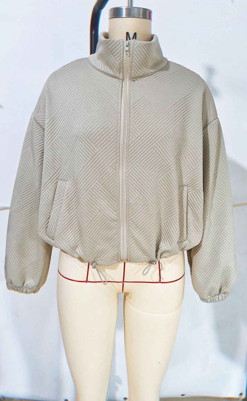 High neck zipper hem drawstring pocket women's loose jacket - MODALIFE