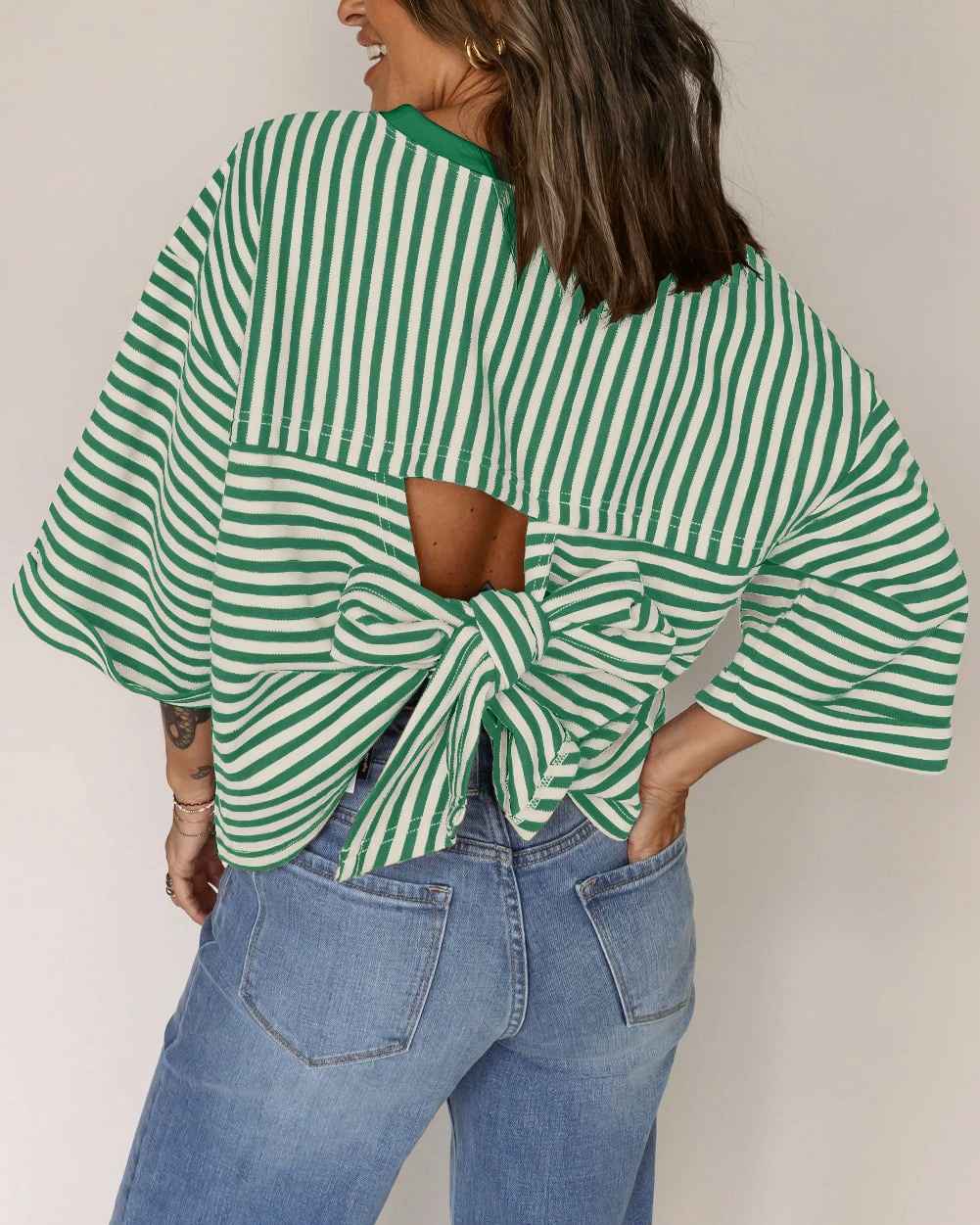 Round neck striped back tie bow pullover top - MODALIFE