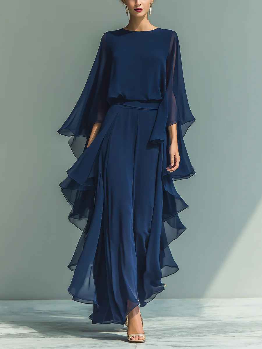 Deep Blue Ruffle Wide-Leg Pants Set for Women, Fashion Elegant Two-Piece Long Sleeve Casual Pants - MODALIFE