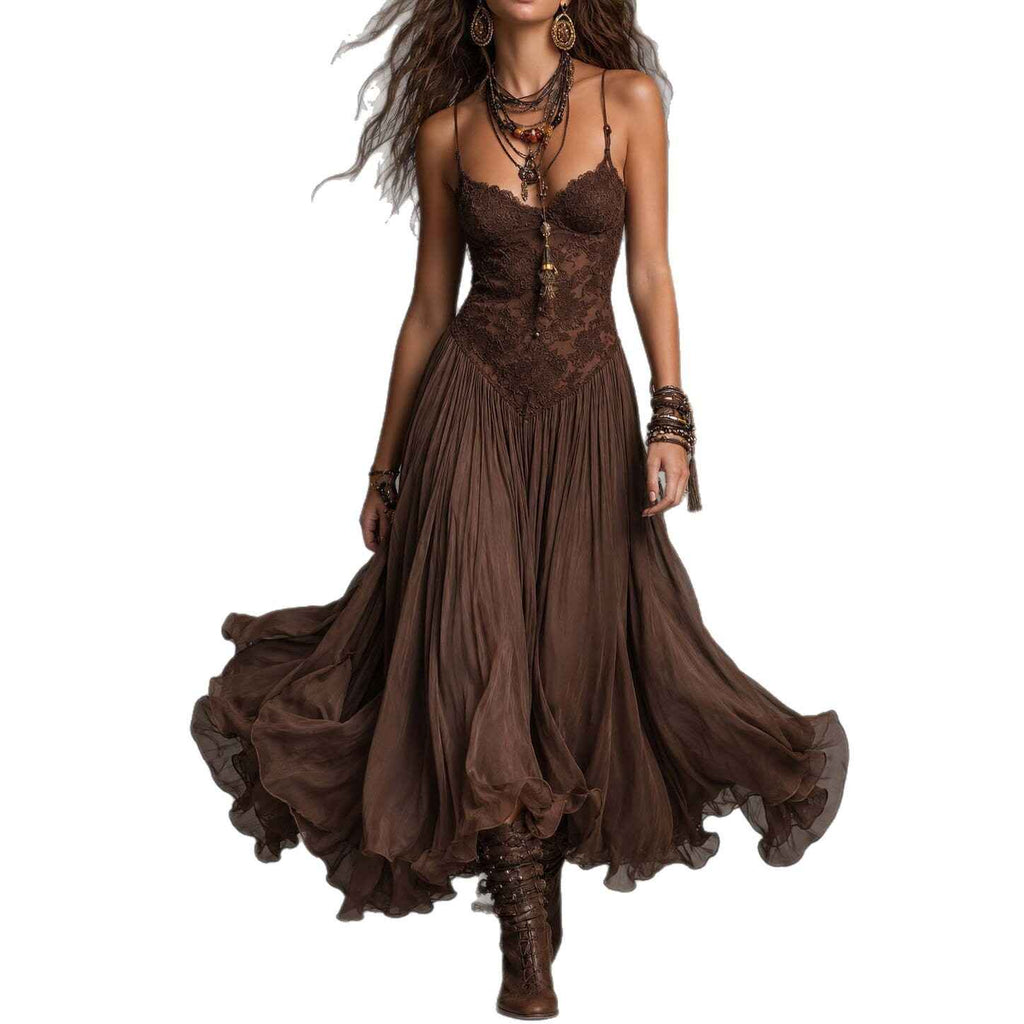 Chiffon Printed Strap Fitted Long Dress, Vintage Flowy Maxi Dress - MODALIFE