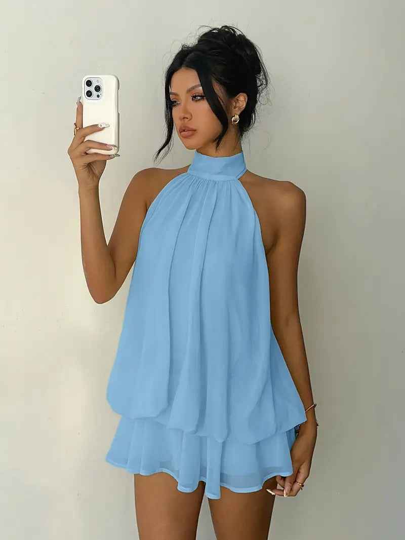 Women's vacation fitted sexy backless halter neck tie-waist dress with puffy short skirt - MODALIFE