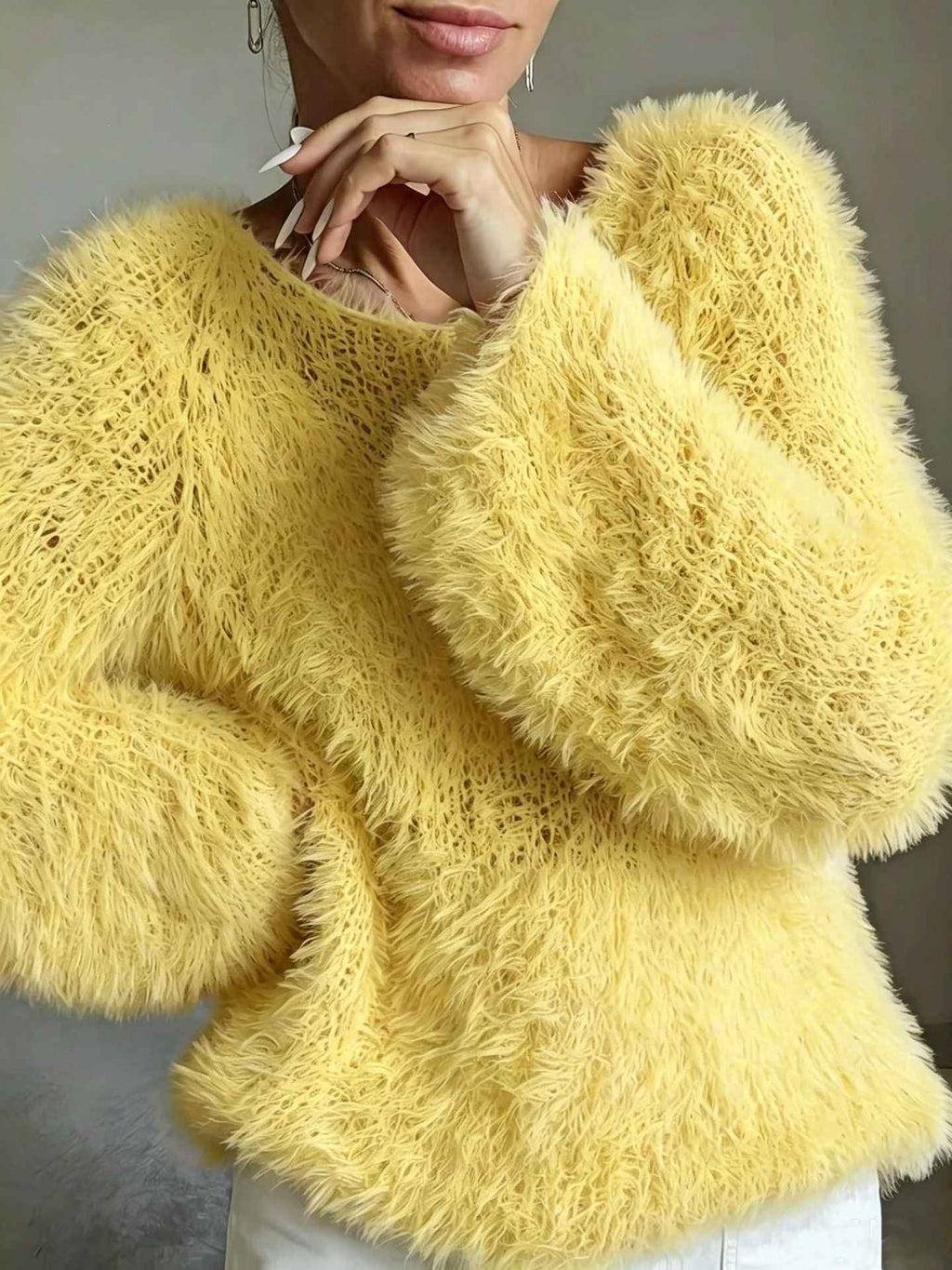 Women's macaron round neck fluffy solid color long sleeved fur top - MODALIFE