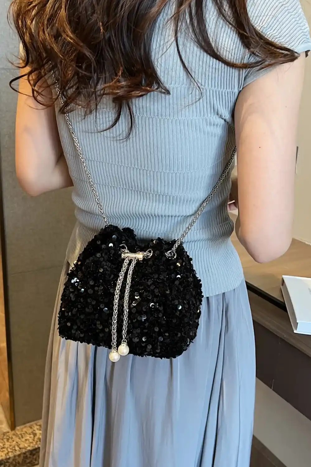 Sequin Chain Drawstring Bucket Bag - MODALIFE