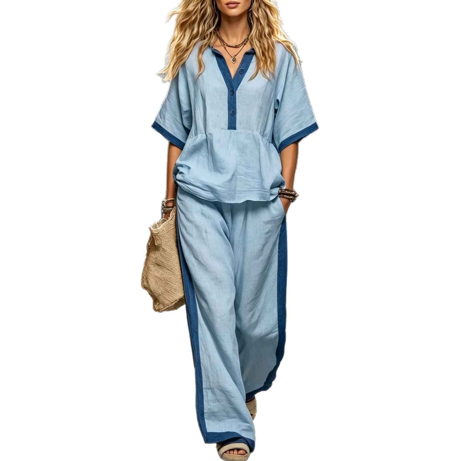Casual Loose Solid Color Top with V-Neck and Three-Quarter Sleeves  Elastic Waist Loose Wide-Leg Pants Solid Color Set for Women - MODALIFE