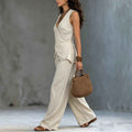 Sleeveless V-neck waist cinched top paired with wide leg pants set - MODALIFE