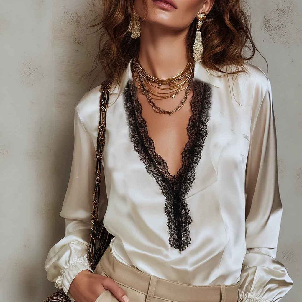 V-neck shirt women's contrasting black lace patchwork lantern long sleeved top - MODALIFE