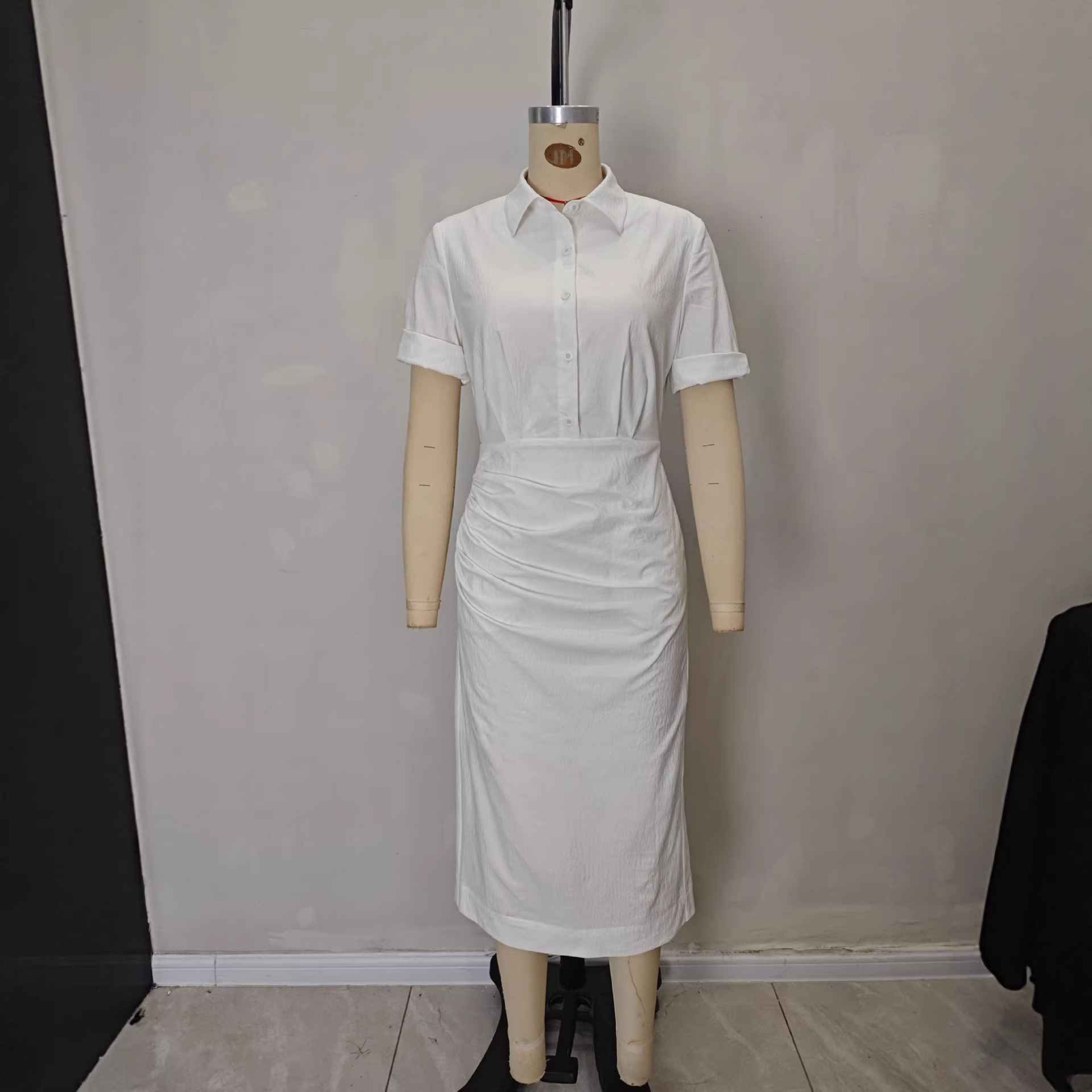 Solid color waist folded shirt long dress - MODALIFE