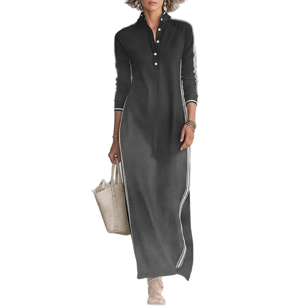 Long skirt women's simple white rolled edge button neck hoodie dress - MODALIFE