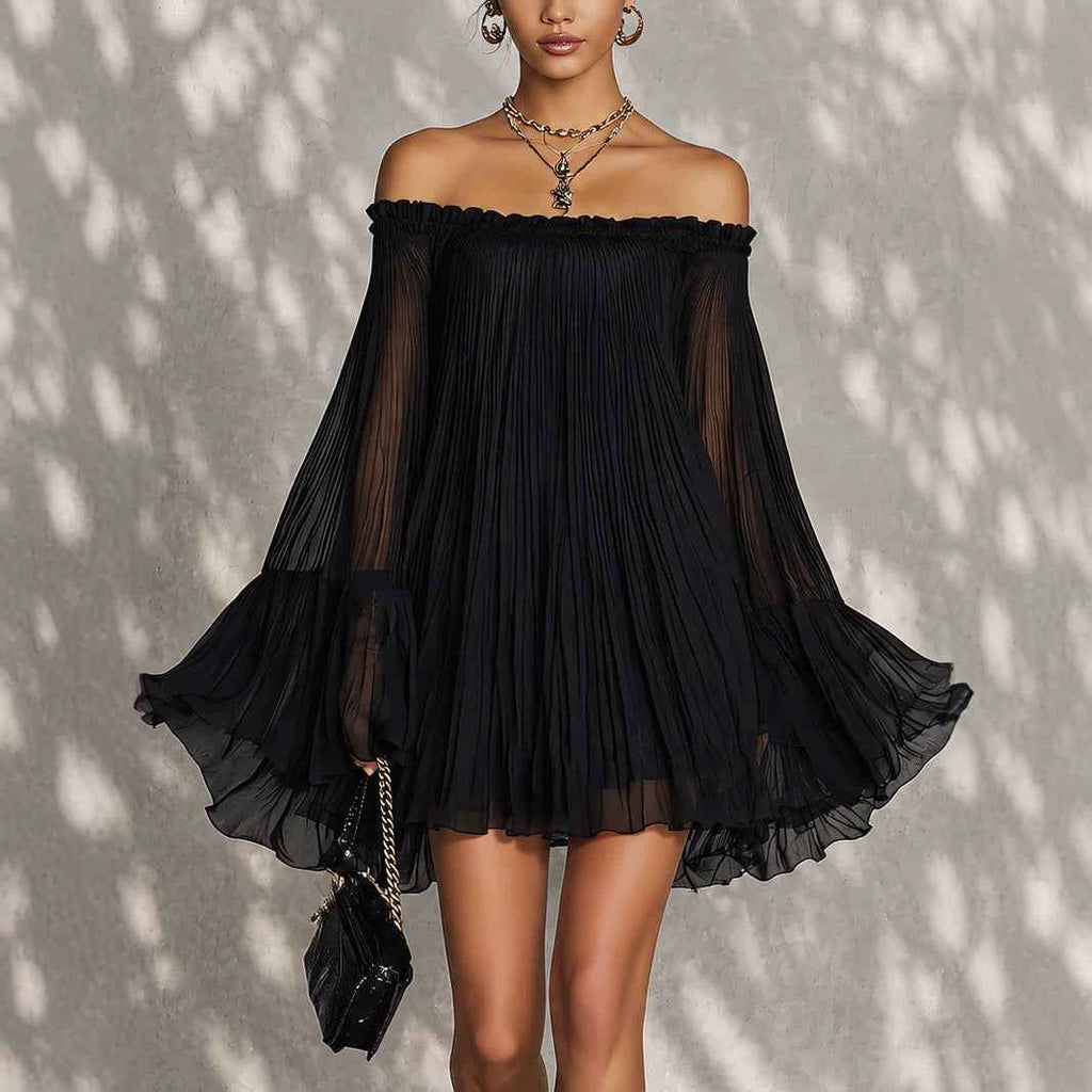 Elegant Black Off-Shoulder Backless Pleated Lantern Sleeve Mini Dress - MODALIFE