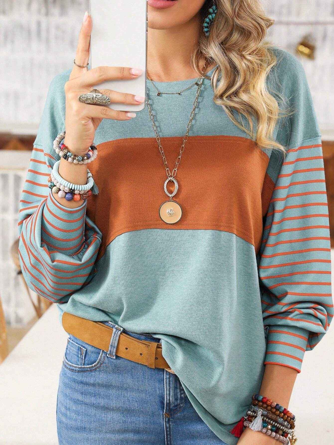 Women's casual color-blocked striped long sleeve round neck pullover t-shirt - MODALIFE