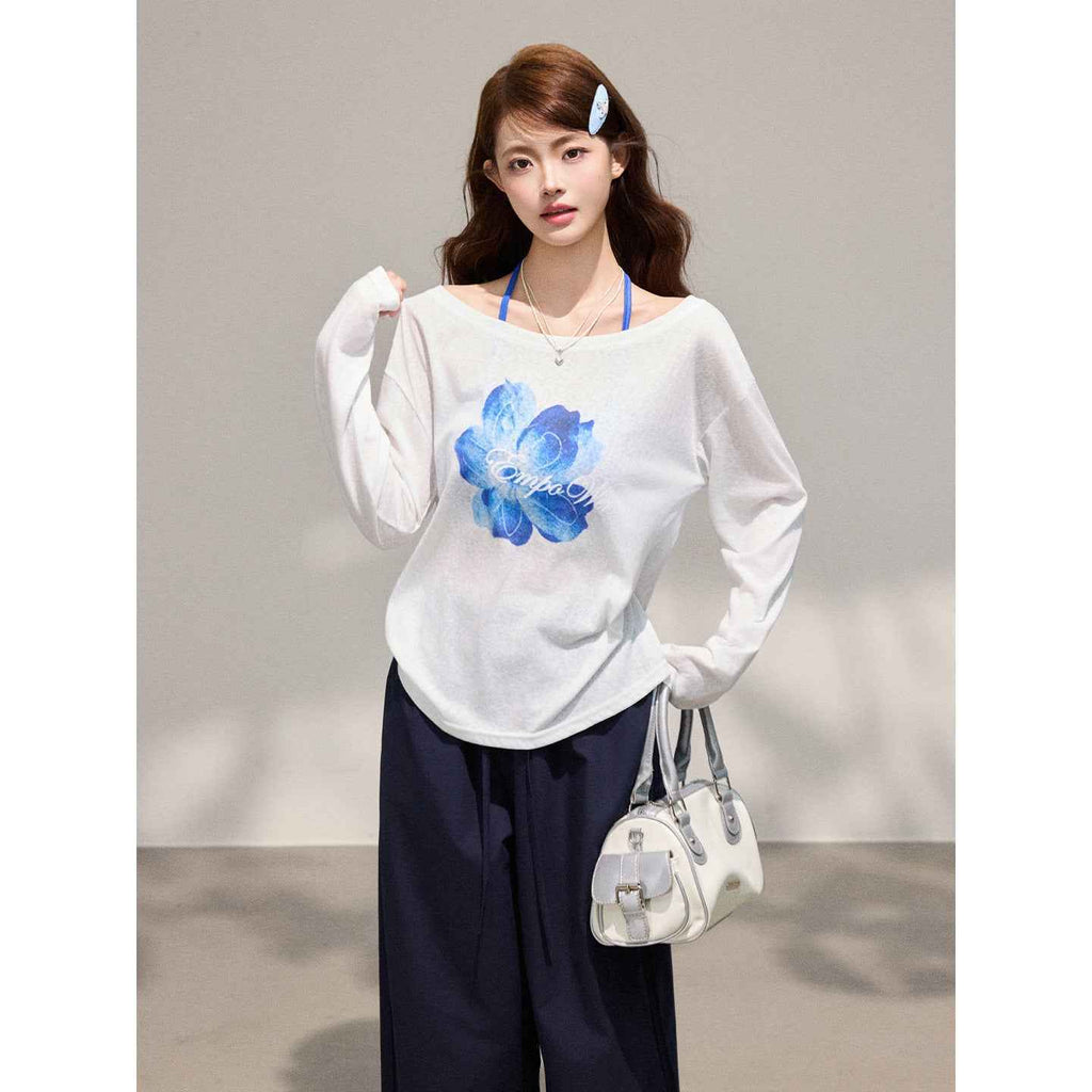 Long Sleeve Cardigan for Women,  Two-Piece Set with Floral Print, Tencel Chiffon Off-Shoulder Top