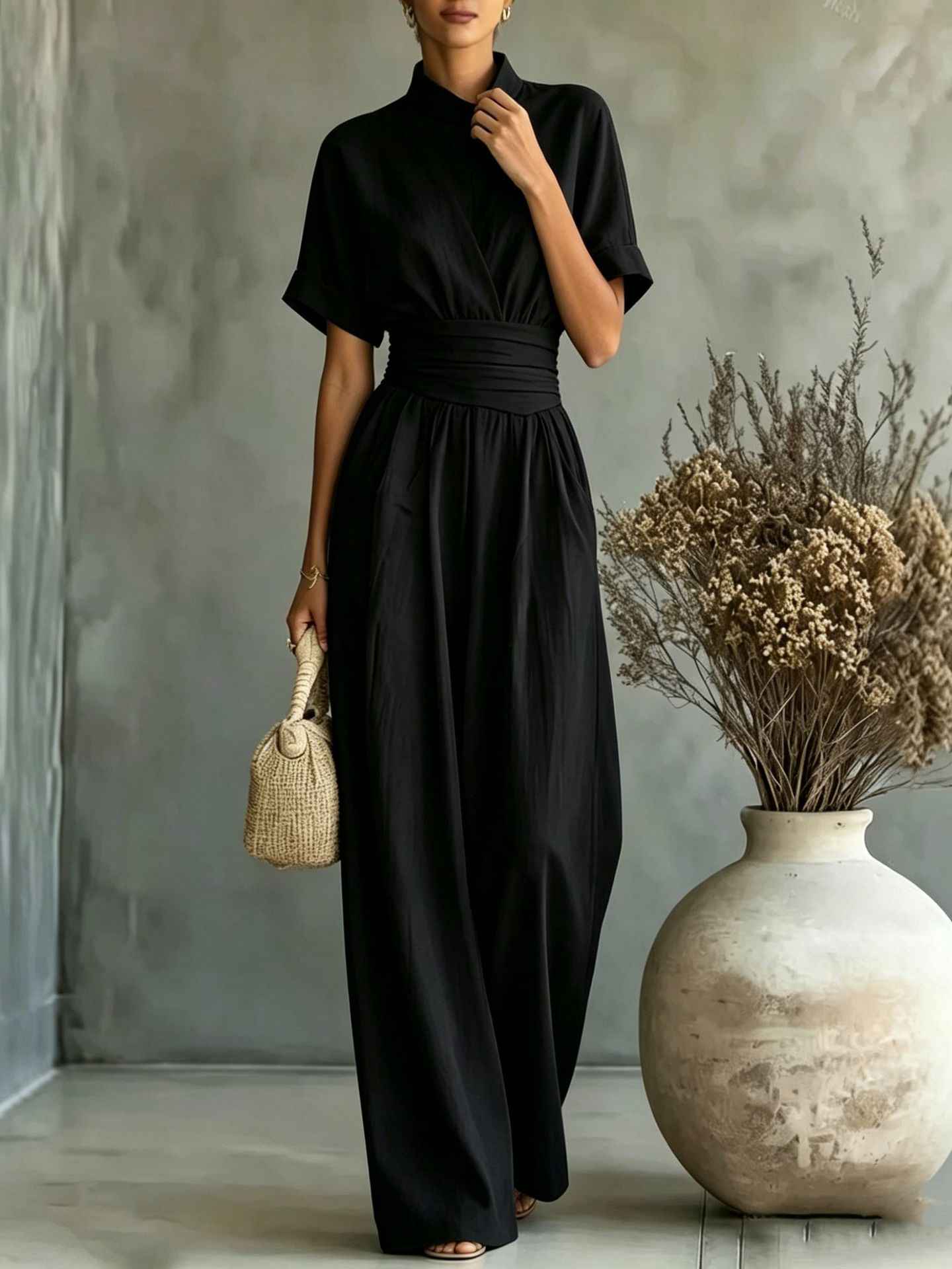 Half high neck short sleeved wide leg jumpsuit - MODALIFE