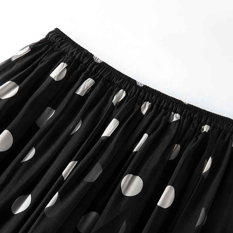 Black Polka Dot Silk Skirt for Women, Lightweight Chiffon Satin Beach Skirt with Floral Pattern - MODALIFE