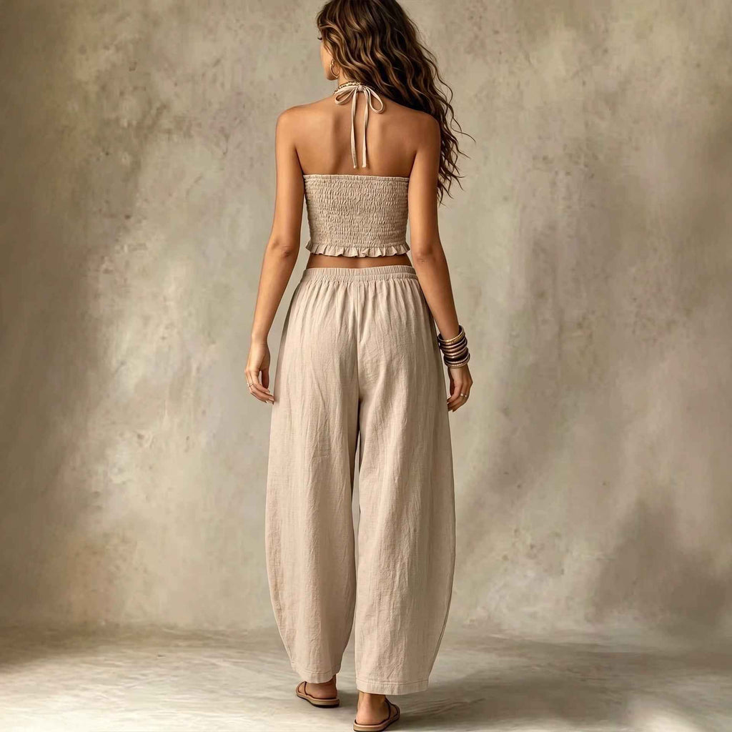 Hanging neck V-neck short top+loose lantern pants linen two-piece set for women - MODALIFE